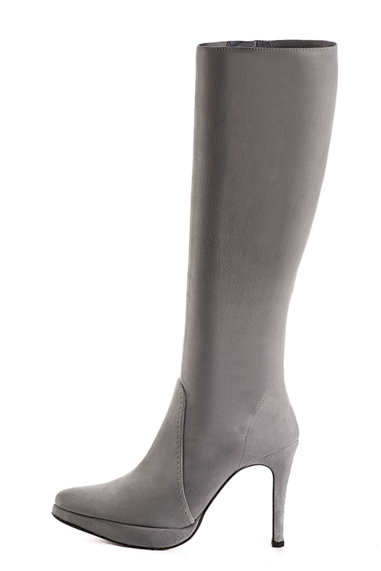 Pebble grey women's feminine knee-high boots. Tapered toe. Very high slim heel with a platform at the front. Made to measure. Profile view - Florence KOOIJMAN